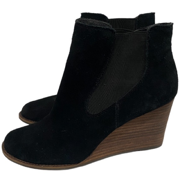 LUCKY BRAND Yamka Black Suede Wedge Chelsea Stacked Heel Bootie Shoes Size 10 - Picture 6 of 10